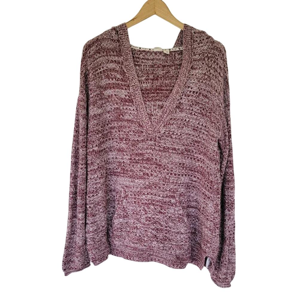 Roxy Long Sleeve Hooded Sweater Women’s Size M Burgundy White V Neck Pullover